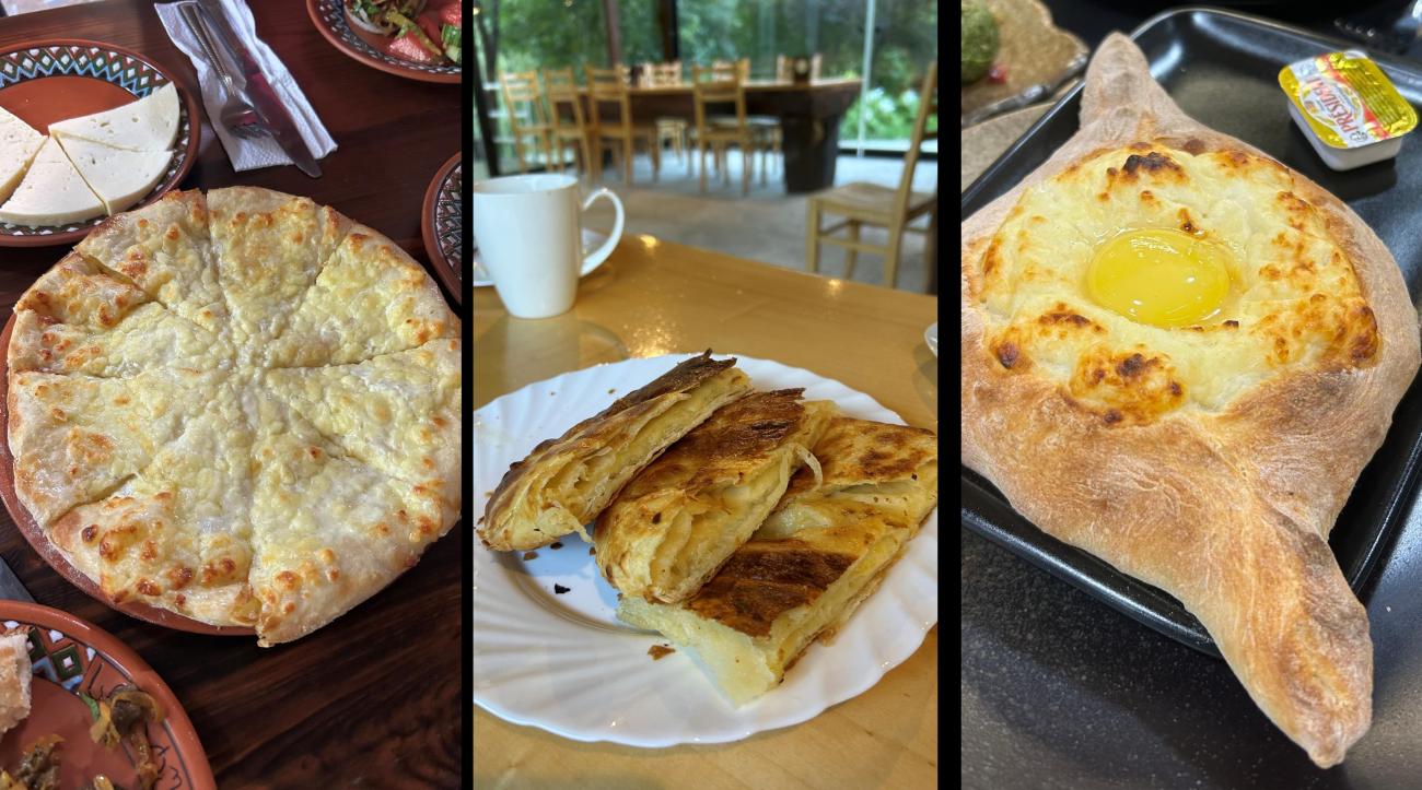 The boat-shaped dough of Adjaruli khachapuri, filled with melted cheese and topped with butter, served on a plate